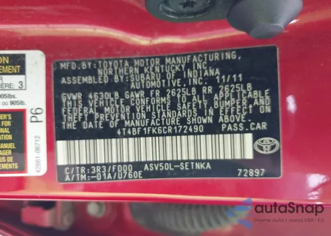 2012 Toyota Camry Se/Le/Xle из США, поврежденный, VIN 4T4BF1FK6CR172490